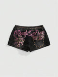 Leopard Embroidered Low-Rise Denim Shorts front view