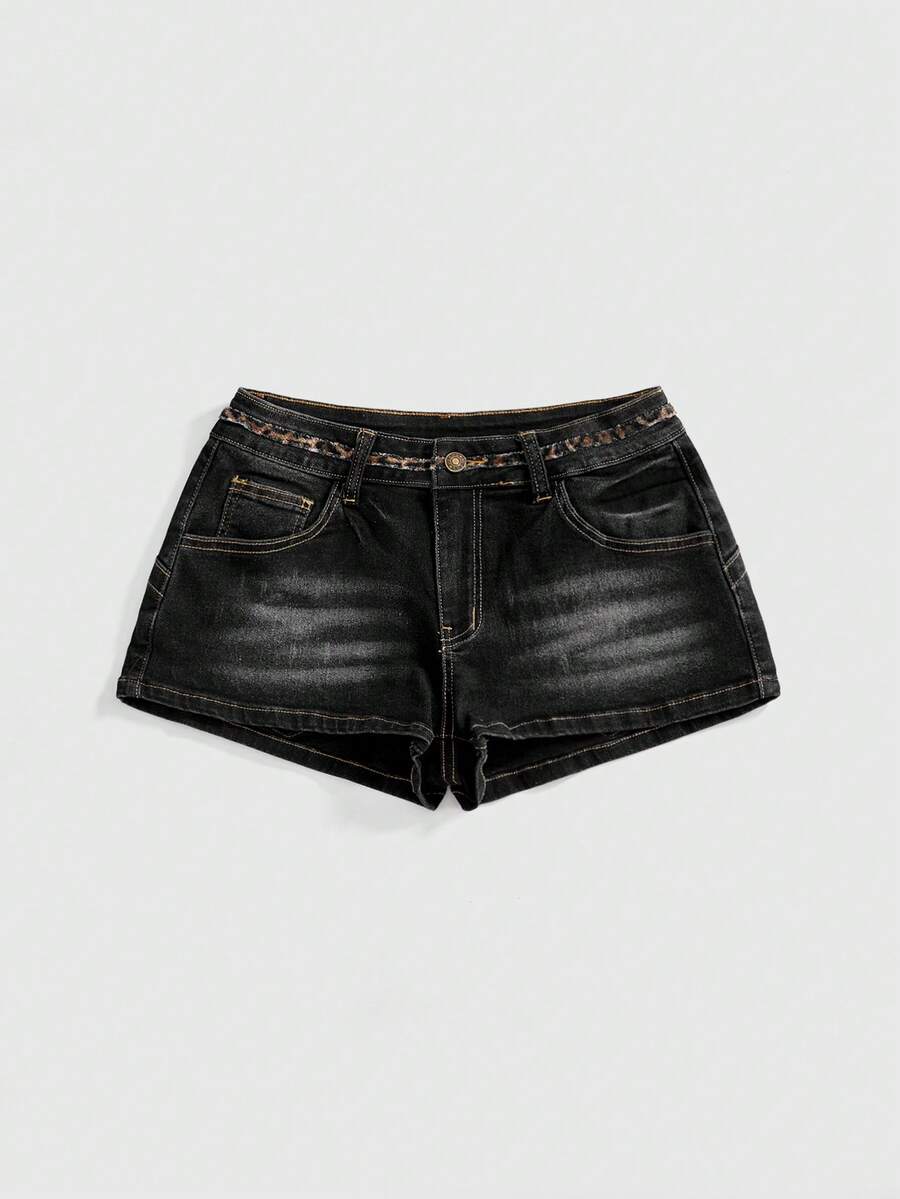 Leopard Embroidered Low-Rise Denim Shorts back view