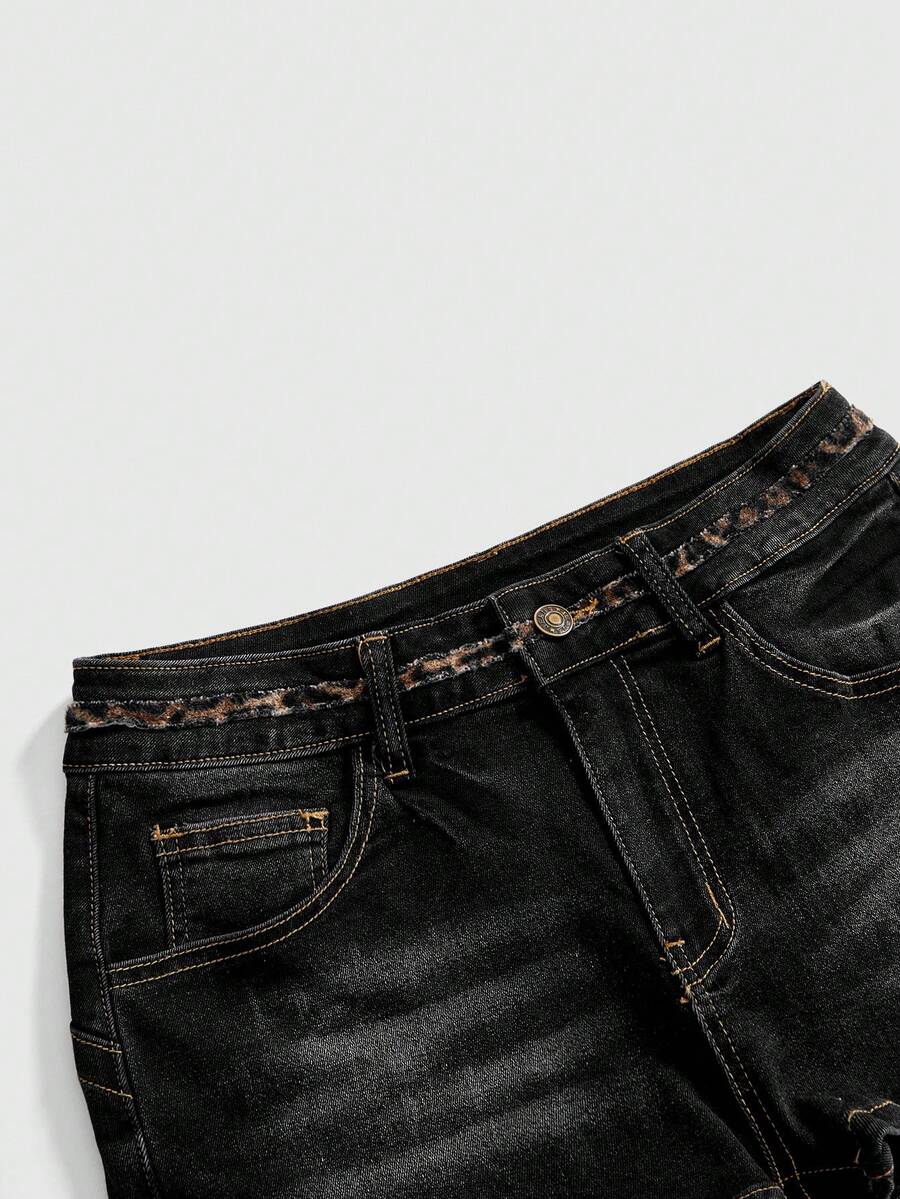 Leopard Embroidered Low-Rise Denim Shorts side view