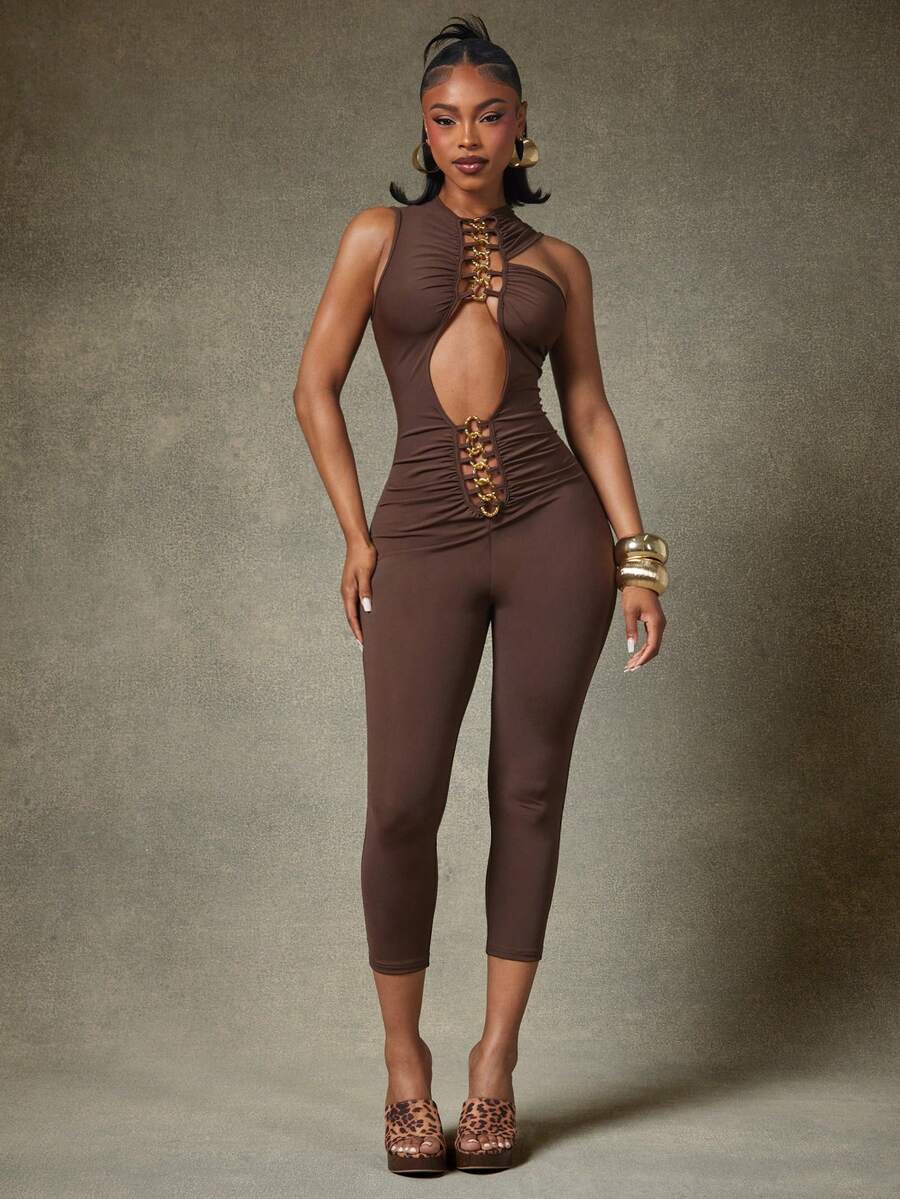 Mocha Chain-Cutout Jumpsuit — Brown — view 1