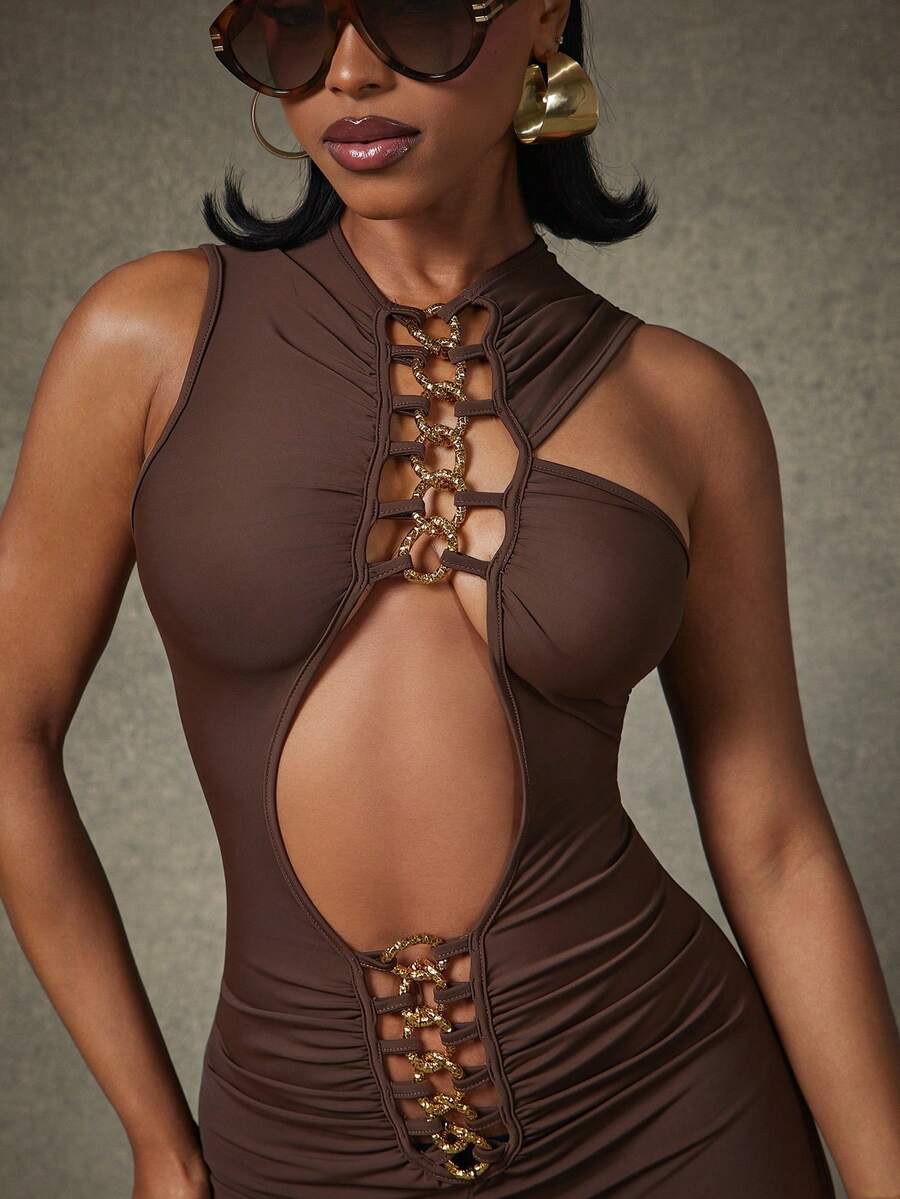 Mocha Chain-Cutout Jumpsuit — Brown — view 2