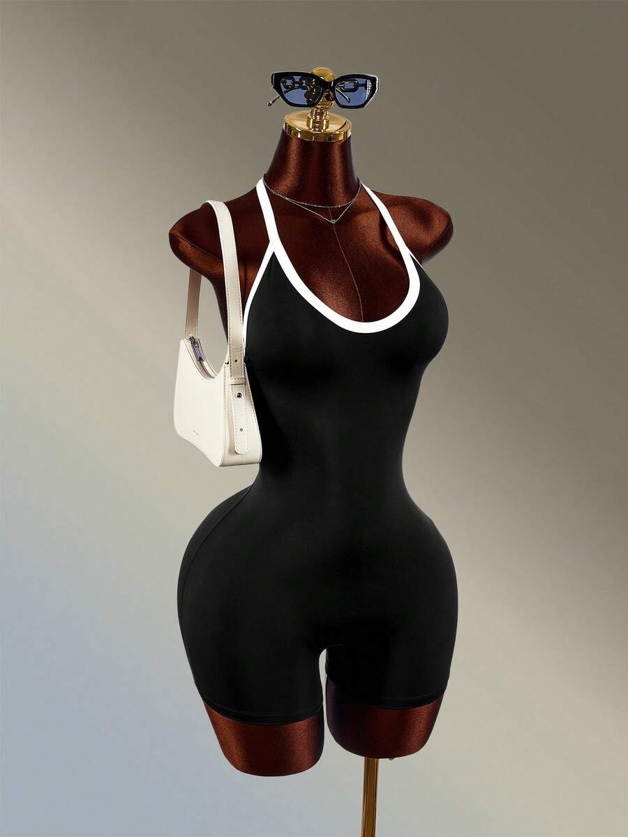 Monochrome Motion Halter Romper — SHEIN view 3