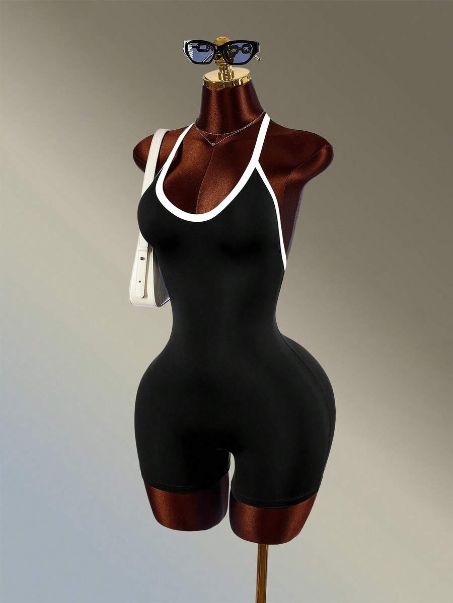 Monochrome Motion Halter Romper — SHEIN view 4