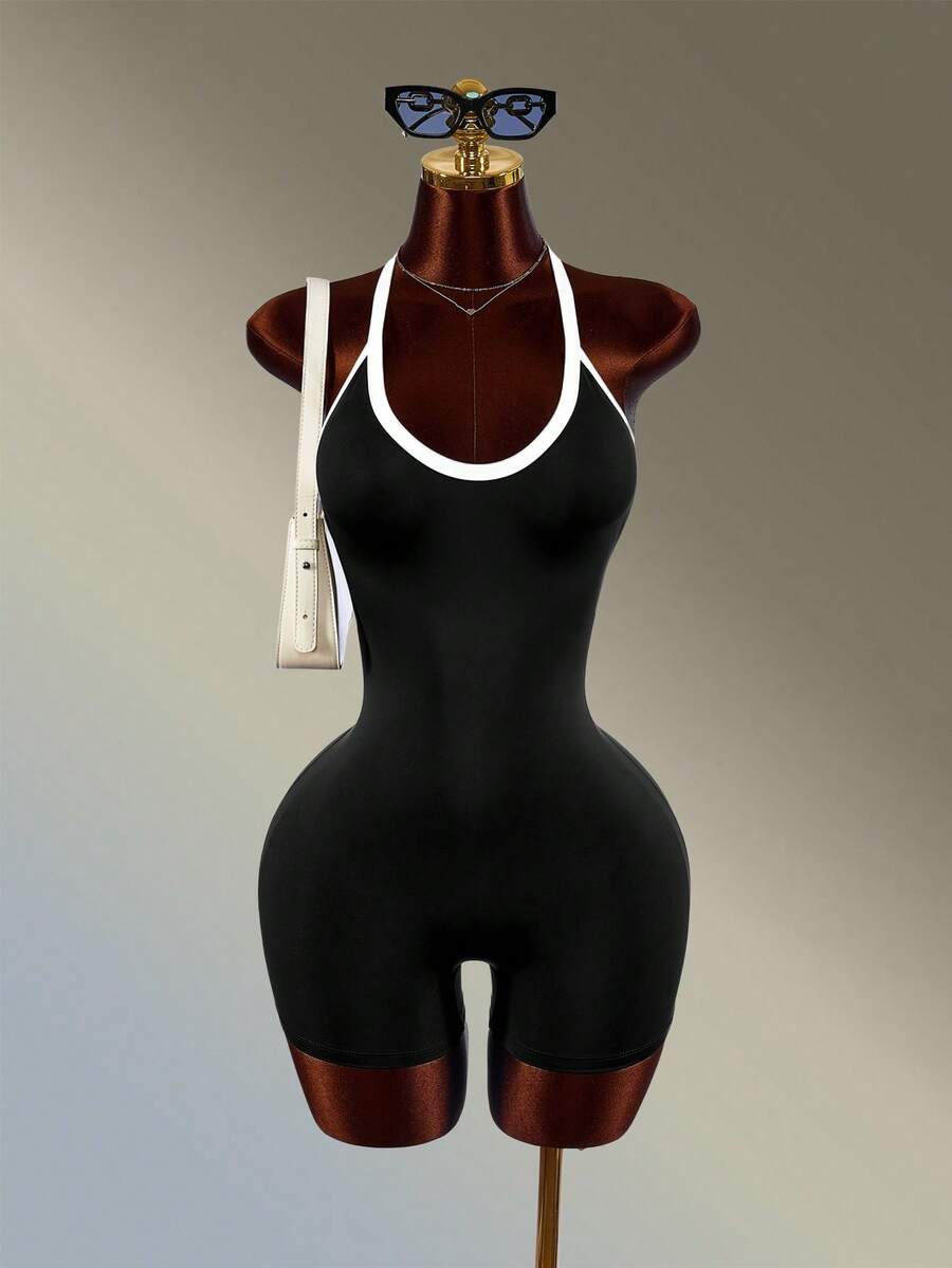 Monochrome Motion Halter Romper — SHEIN view 5