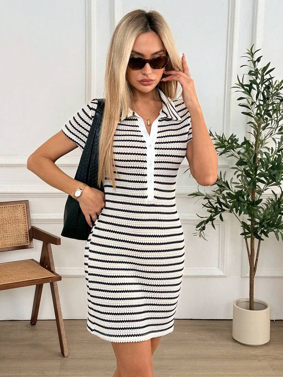 Monochrome Stripe Knit Mini Dress — SHEIN view 2