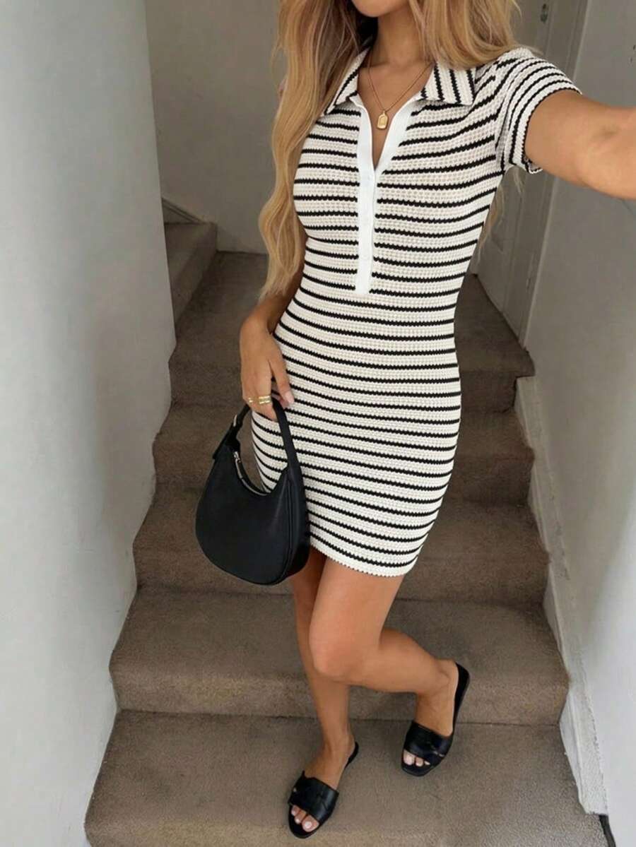 Monochrome Stripe Knit Mini Dress — SHEIN view 8
