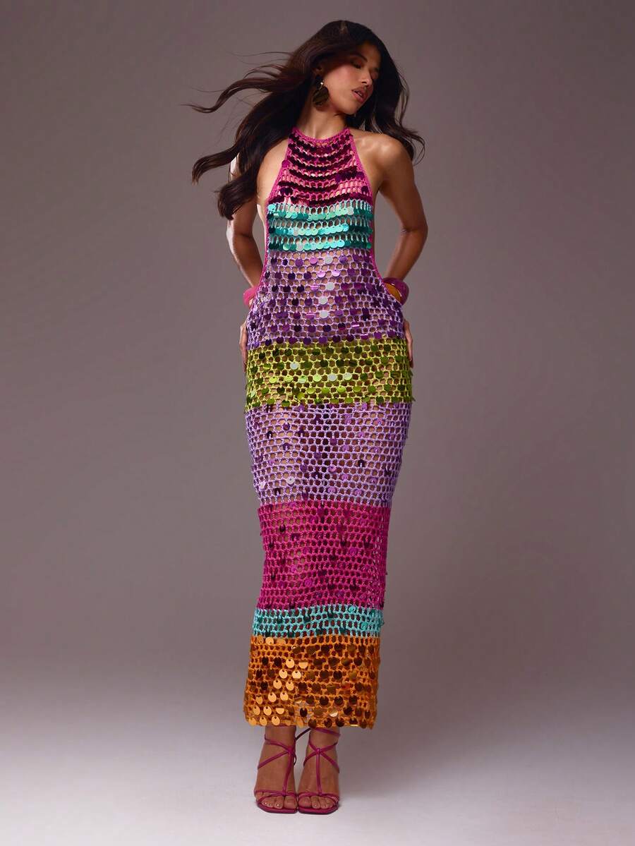 Multicolour Sequin Crochet Halter Dress — Multicolor — view 1