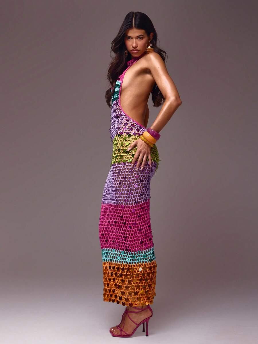 Multicolour Sequin Crochet Halter Dress — Multicolor — view 3