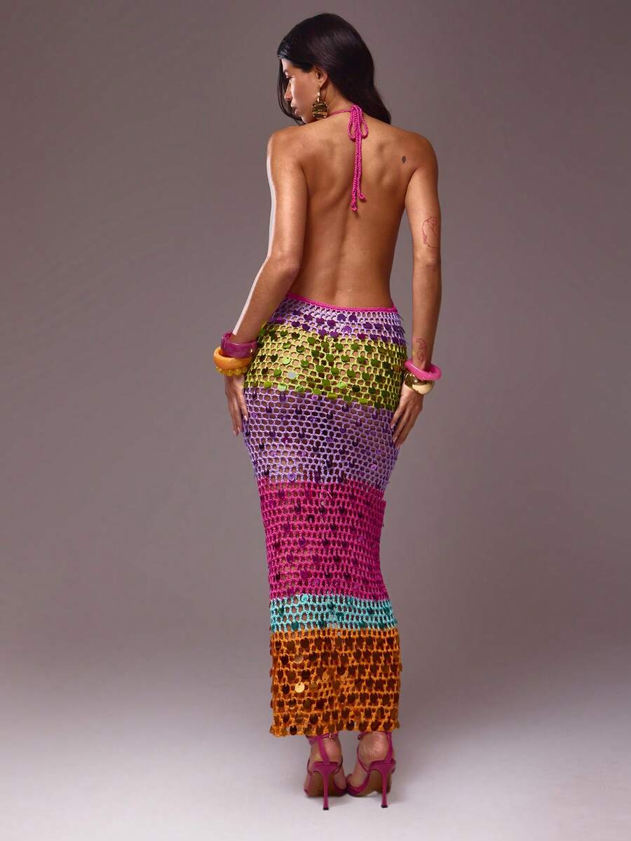 Multicolour Sequin Crochet Halter Dress — Multicolor — view 4