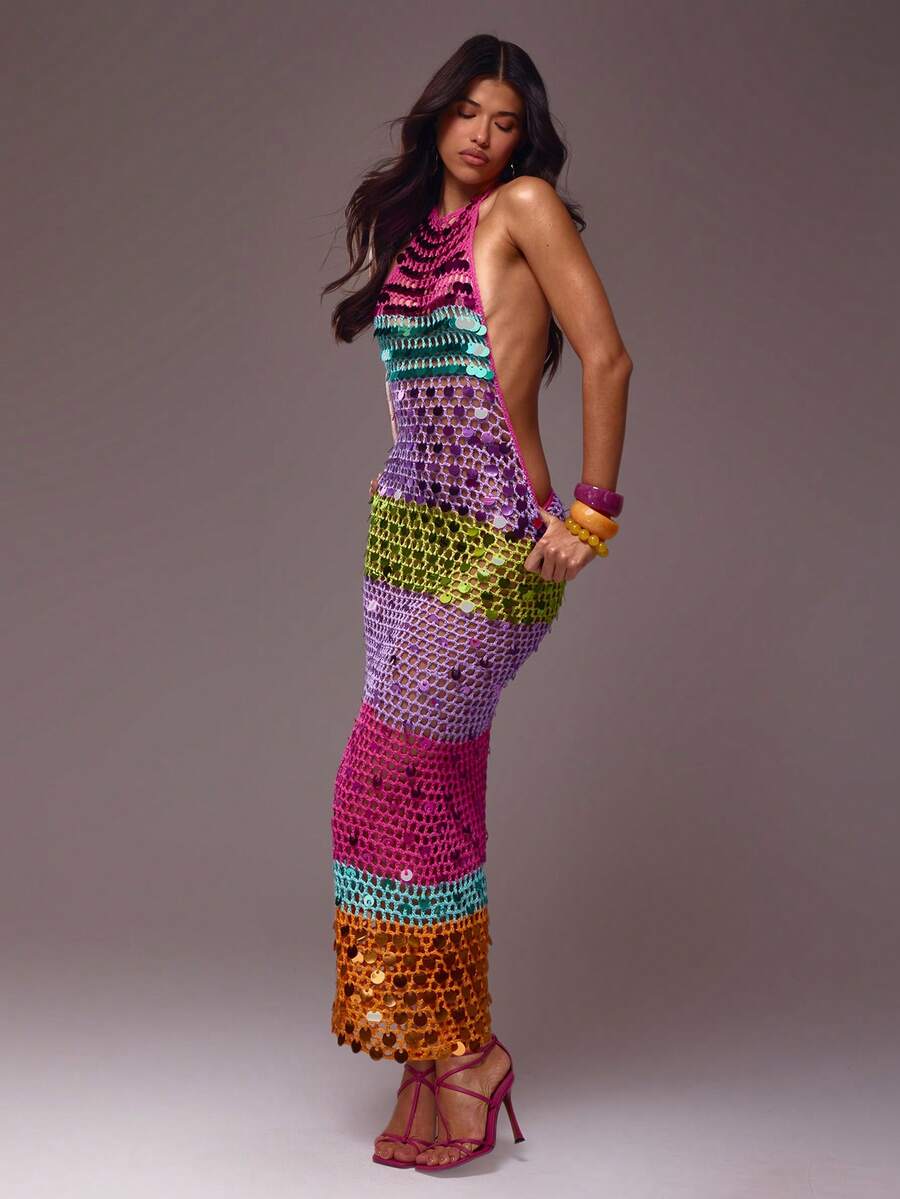 Multicolour Sequin Crochet Halter Dress — Multicolor — view 5