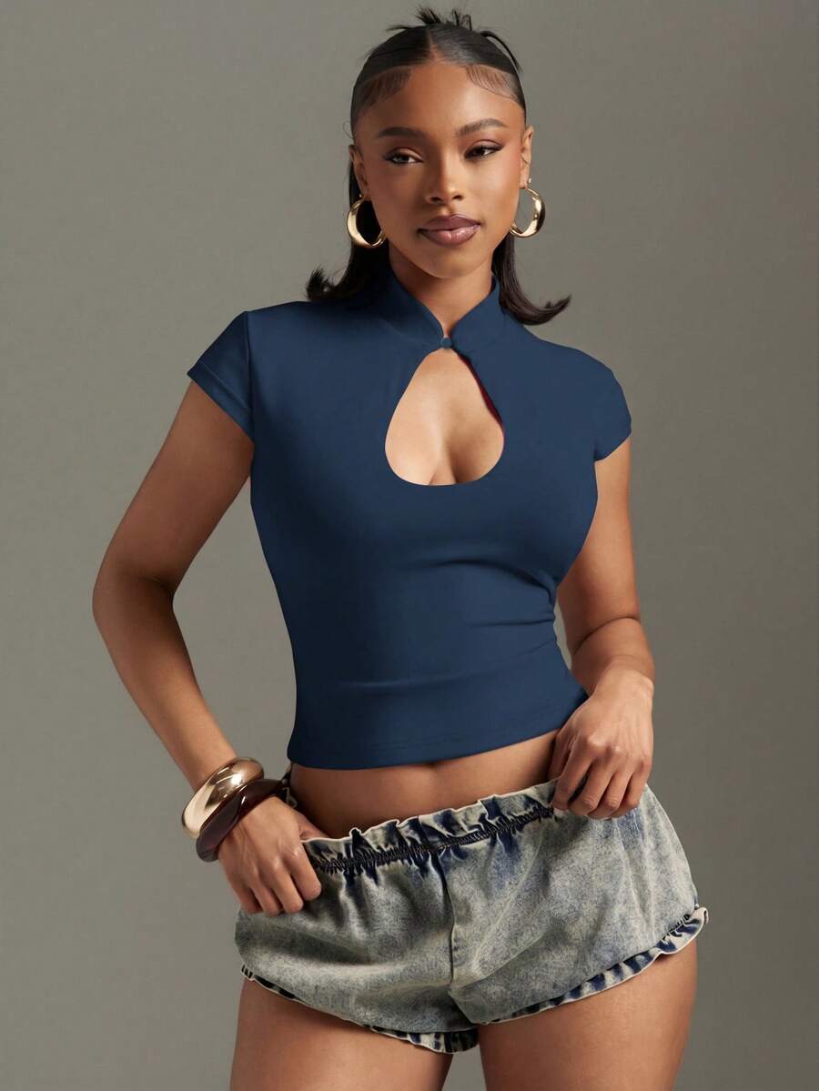 Navy Keyhole Bodycon Crop Top - view 1