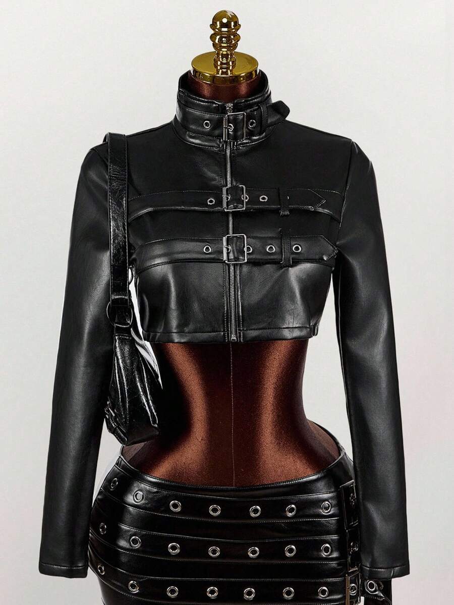 Noir Eyelet Belt Cropped Jacket — SHEIN view 1