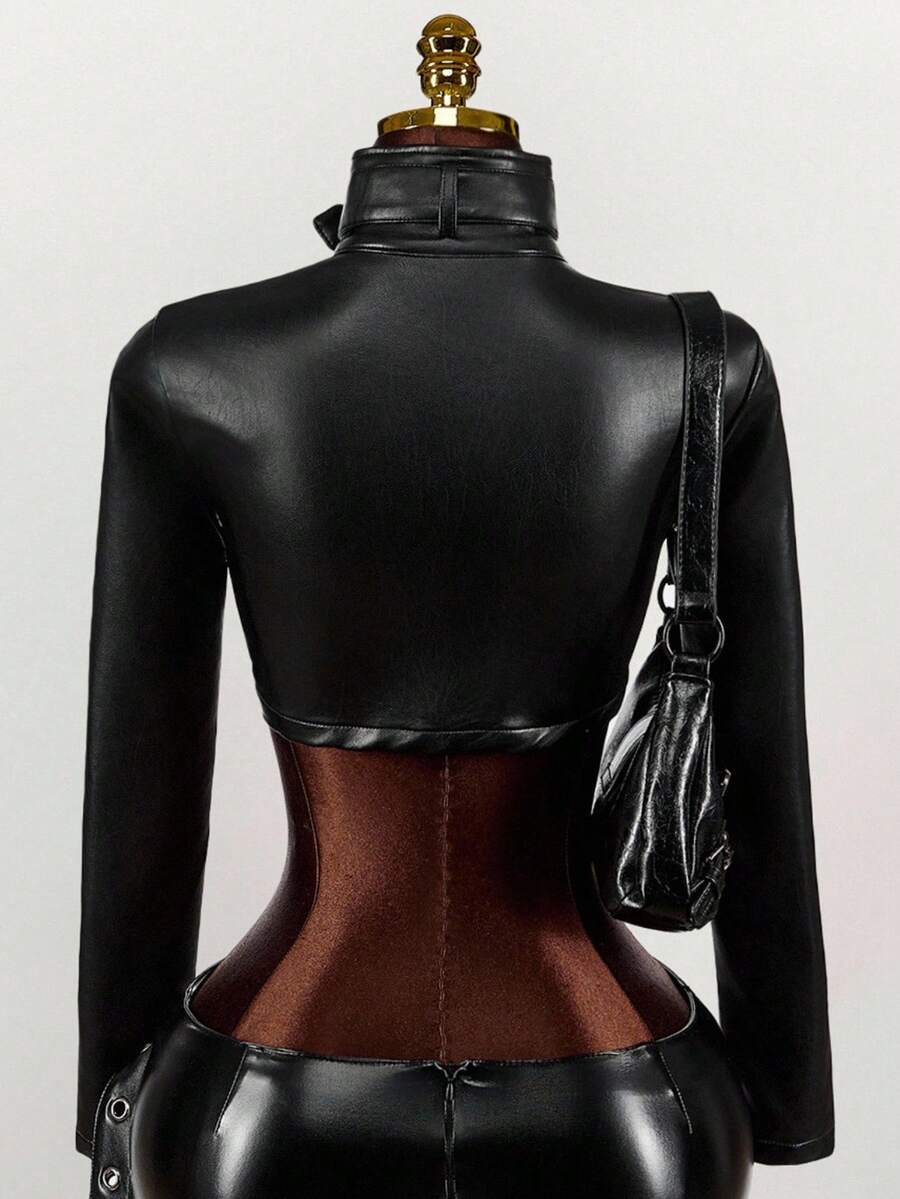Noir Eyelet Belt Cropped Jacket — SHEIN view 2
