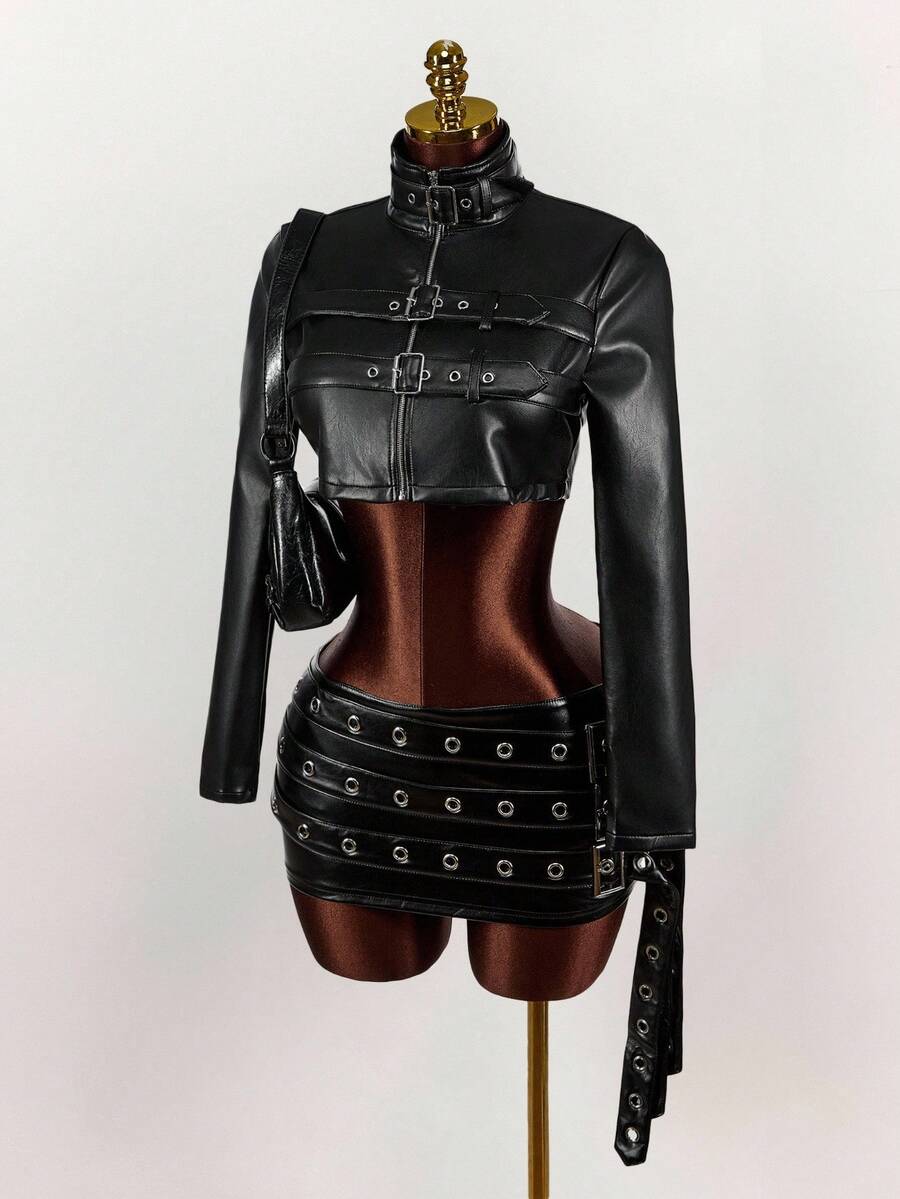 Noir Eyelet Belt Cropped Jacket — SHEIN view 3