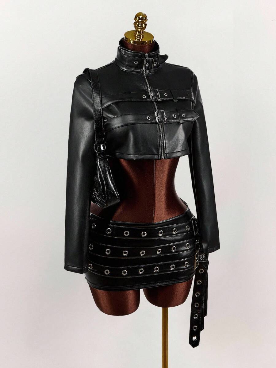 Noir Eyelet Belt Cropped Jacket — SHEIN view 4