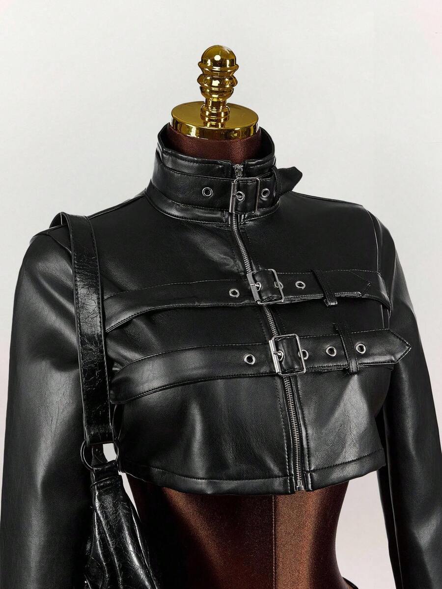 Noir Eyelet Belt Cropped Jacket — SHEIN view 5
