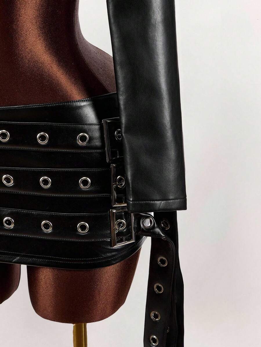 Noir Eyelet Belt Cropped Jacket — SHEIN view 6