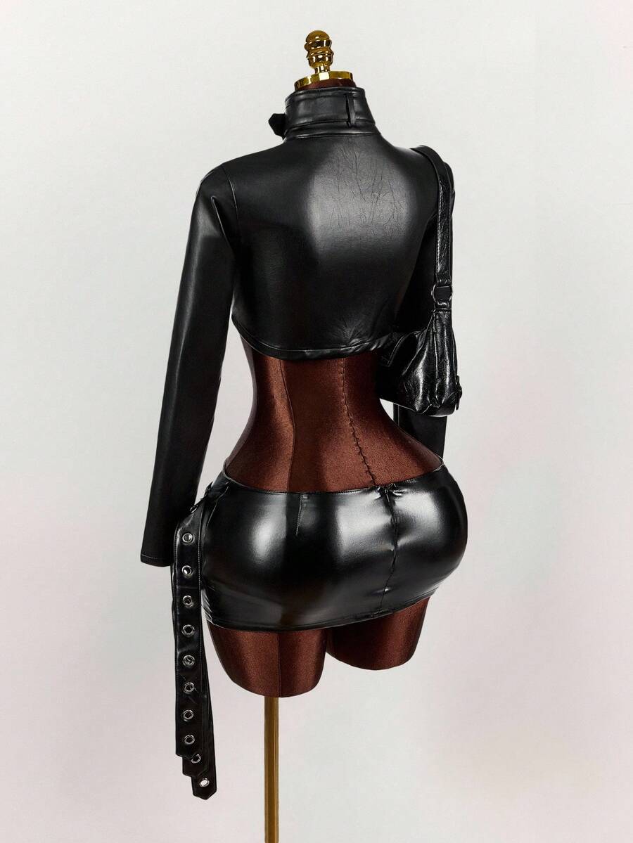 Noir Eyelet Belt Cropped Jacket — SHEIN view 7