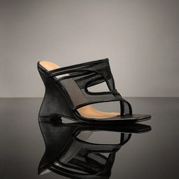 Noir Halo Mesh Wedge Sandals mesh and strap detail