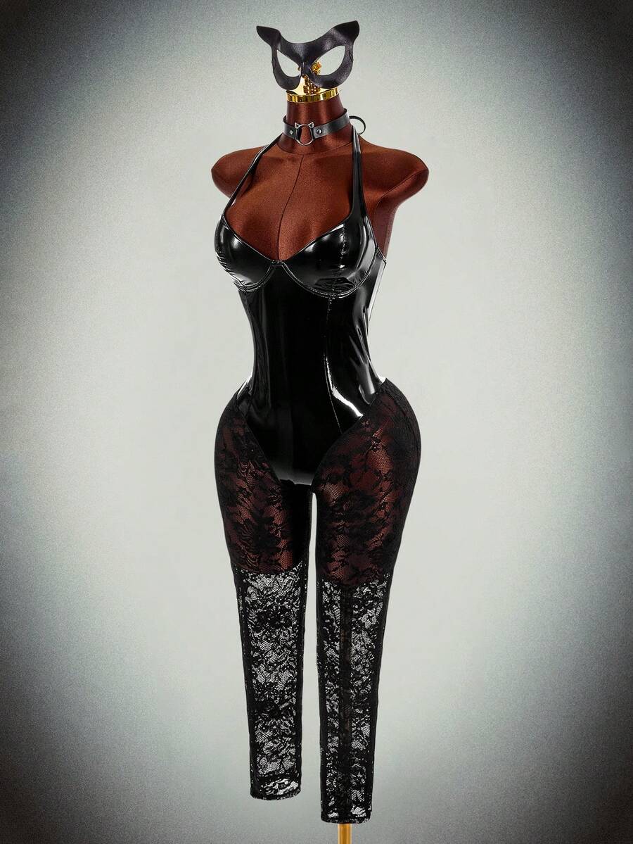 Noir Mirror-Lace Halter Jumpsuit, black, front view