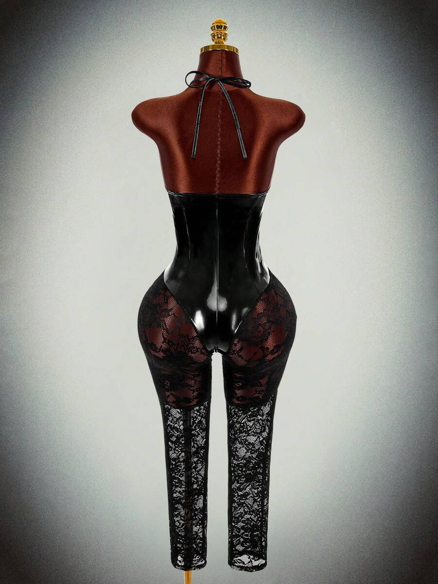 Noir Mirror-Lace Halter Jumpsuit, black, view 3