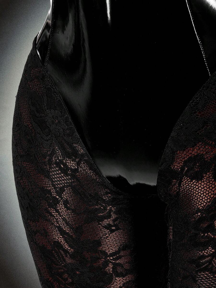 Noir Mirror-Lace Halter Jumpsuit, black, view 6
