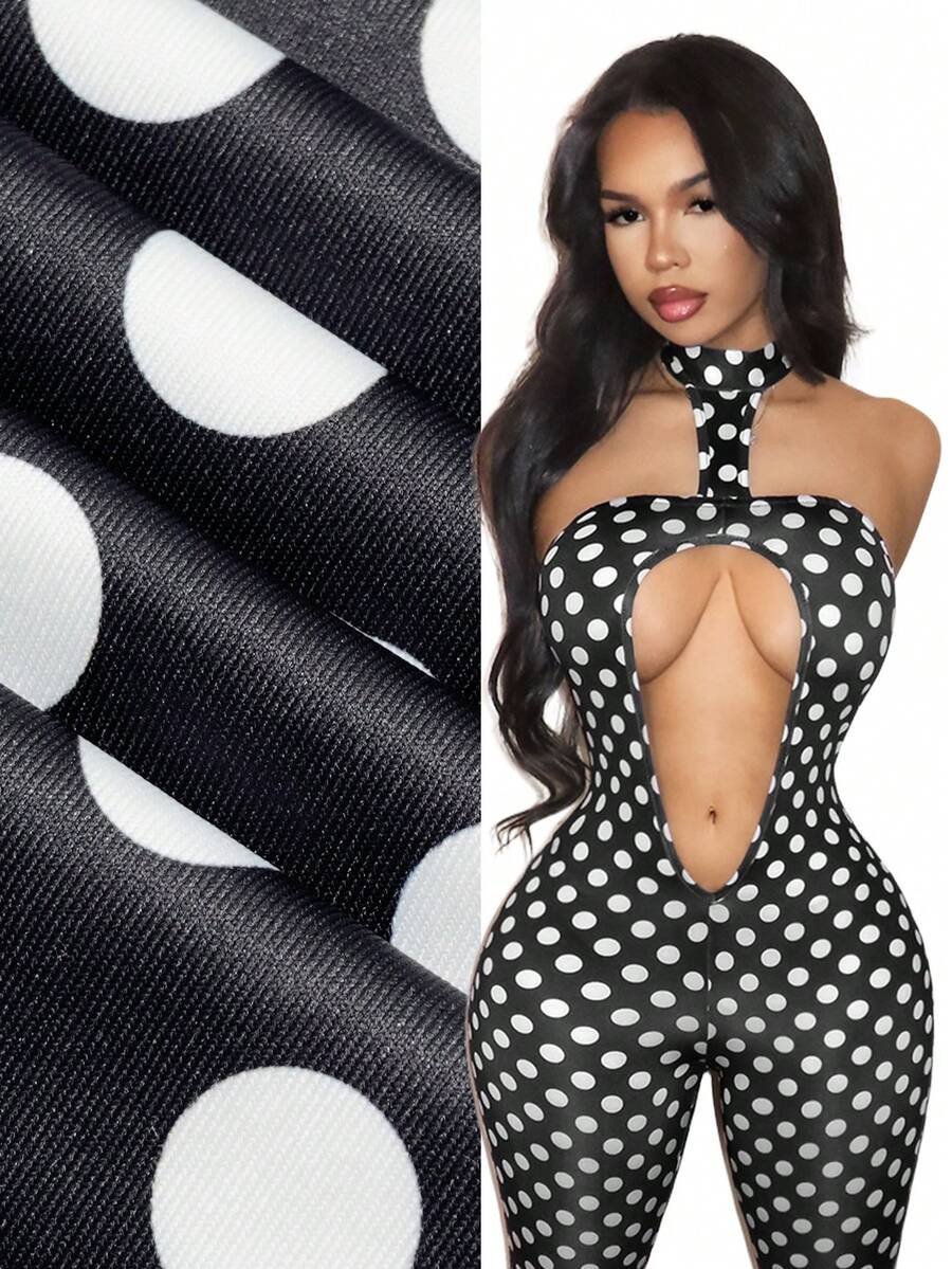 Noir Polka-Dot Cutout Halter Bodysuit — Black and White — view 3