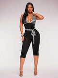 Noir Stripe Deep-V Halter Jumpsuit — Black — view 1