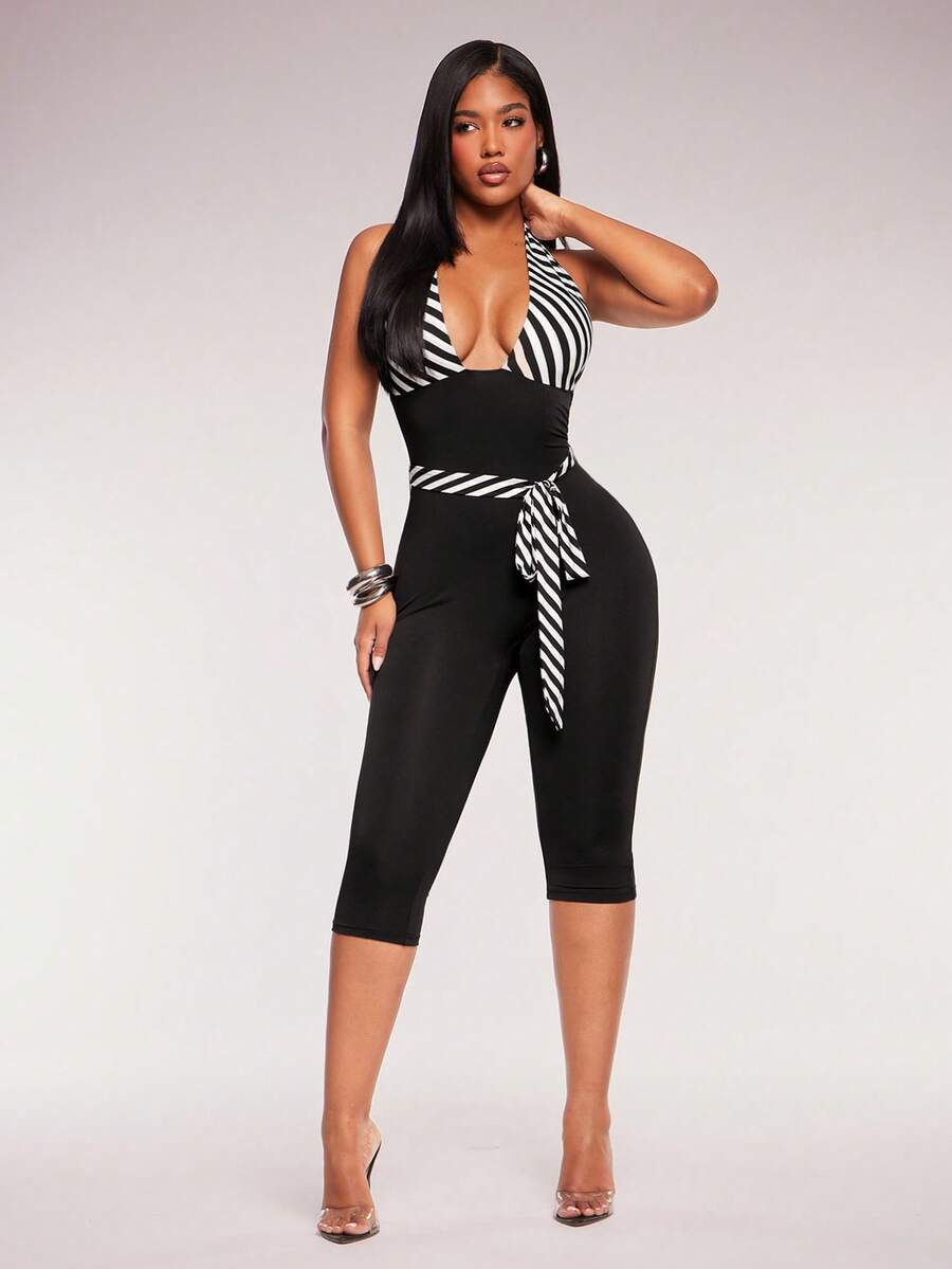 Noir Stripe Deep-V Halter Jumpsuit — Black — view 1
