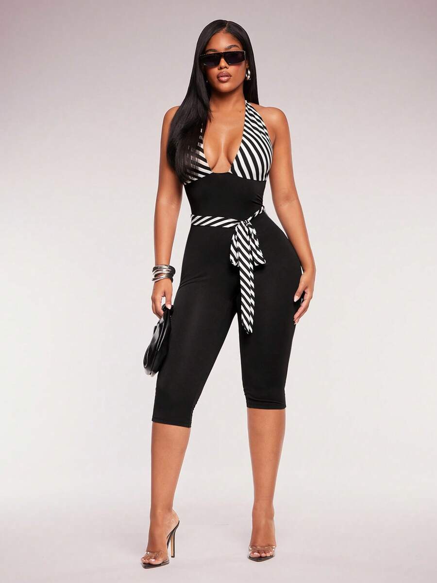 Noir Stripe Deep-V Halter Jumpsuit — Black — view 2