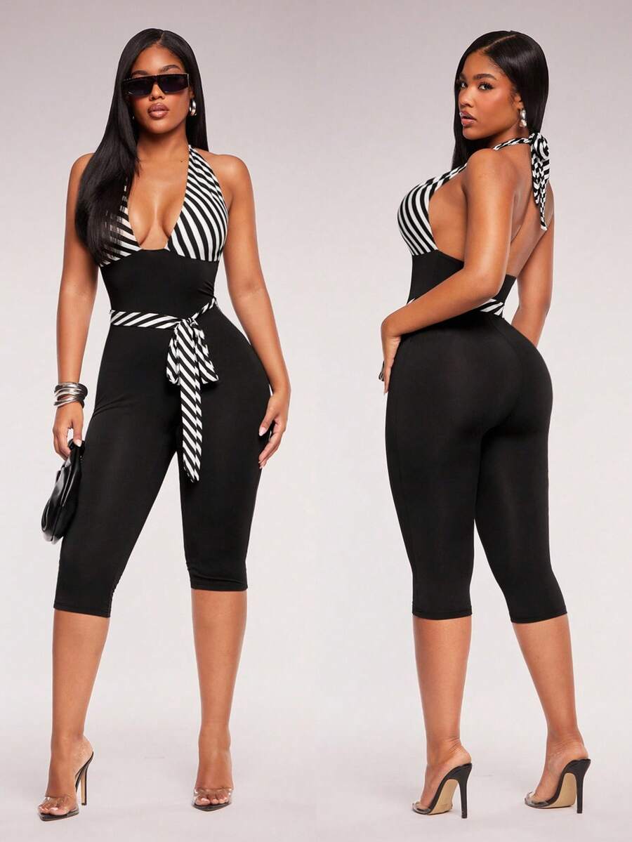 Noir Stripe Deep-V Halter Jumpsuit — Black — view 4