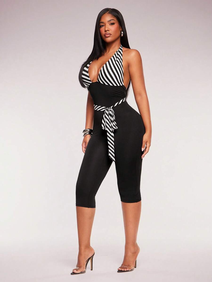Noir Stripe Deep-V Halter Jumpsuit — Black — view 5