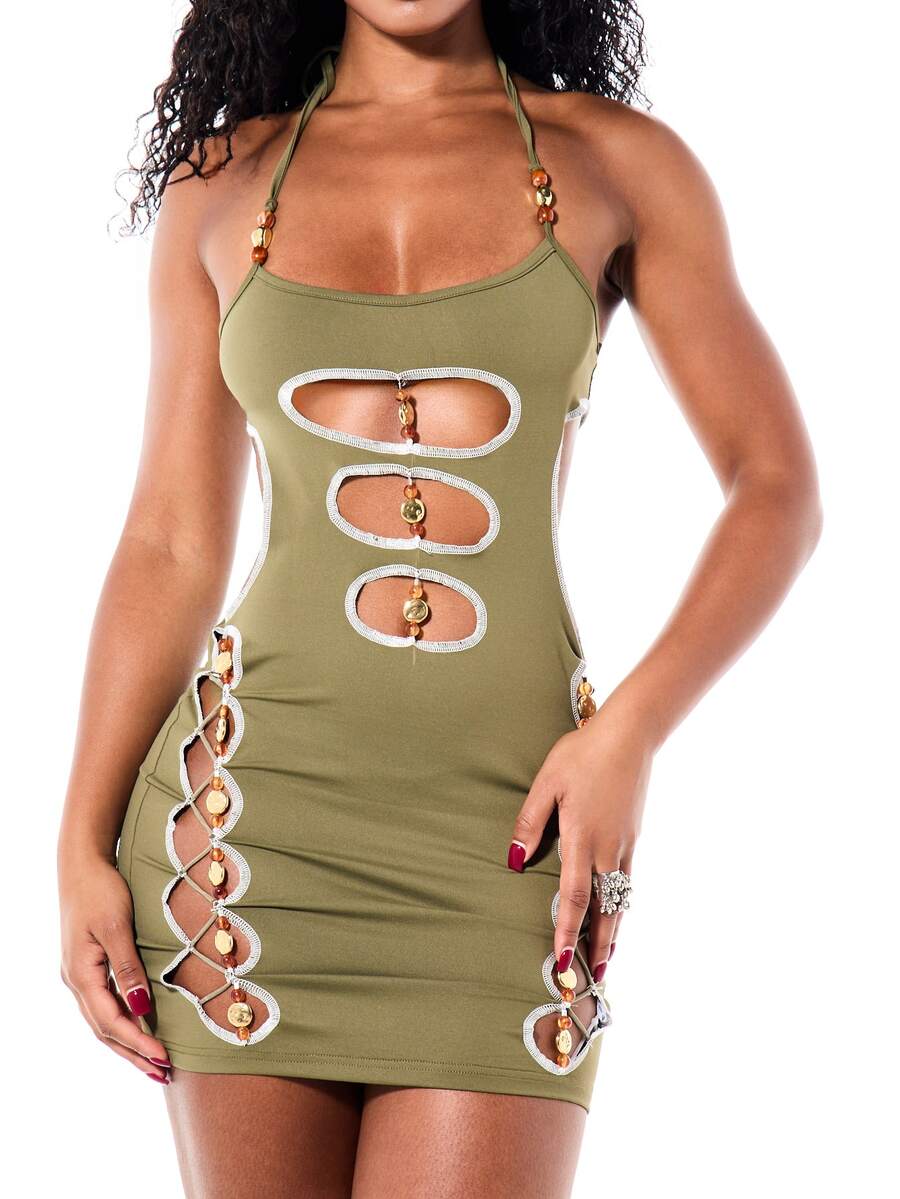 Olive Beaded Lace-Up Mini Dress — Green — view 5