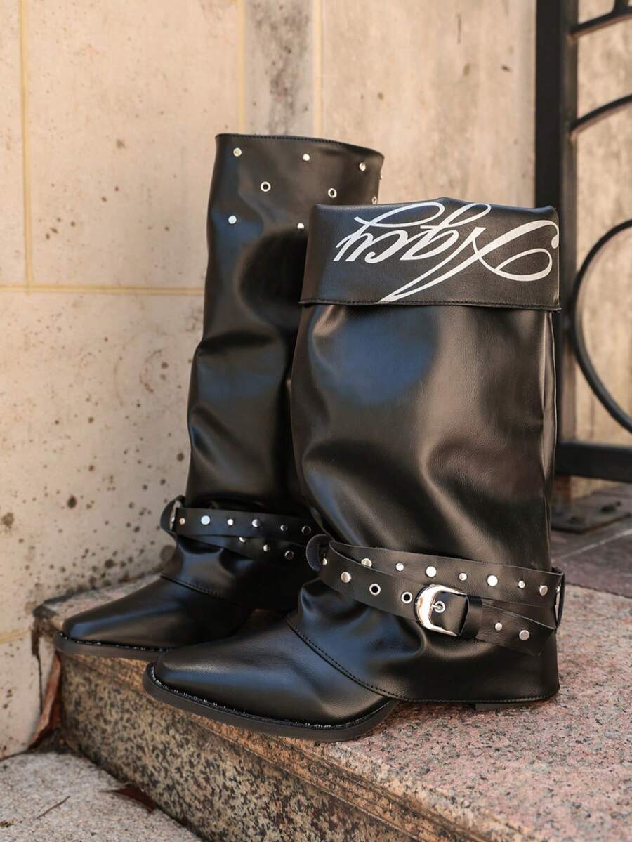Rebel Fold Rivet Buckle Boots — SHEIN view 7