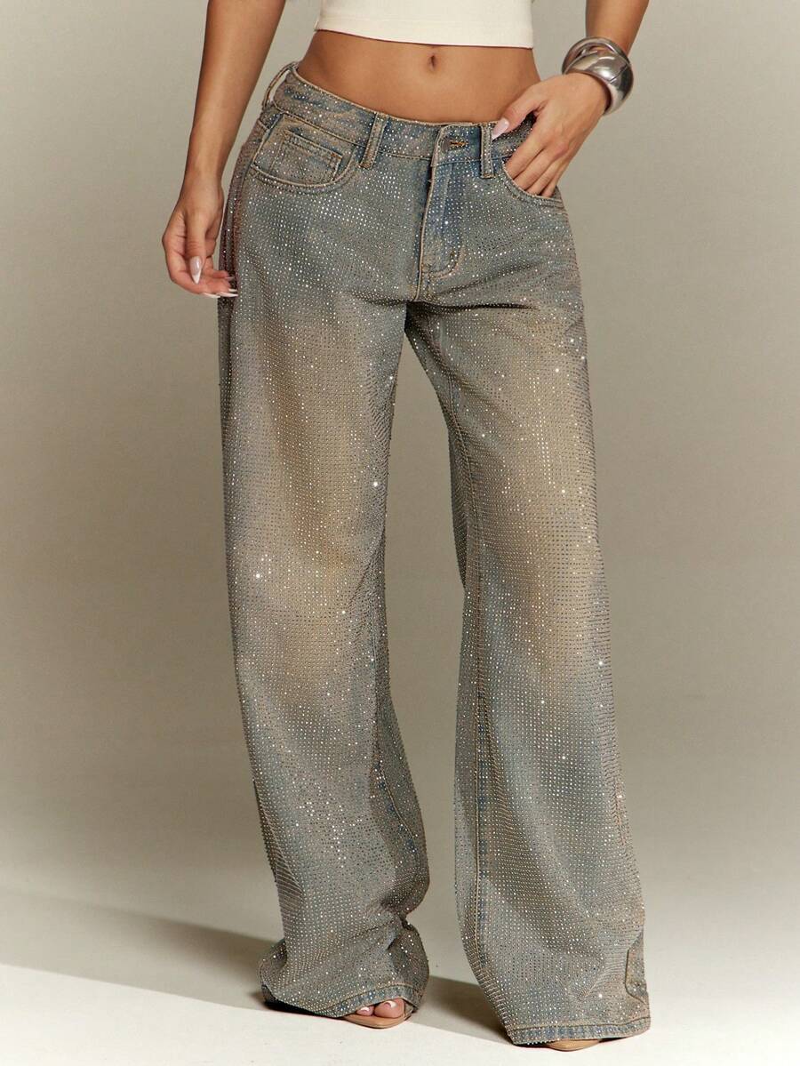 Rhinestone Washed Low-Rise Jeans - view 1