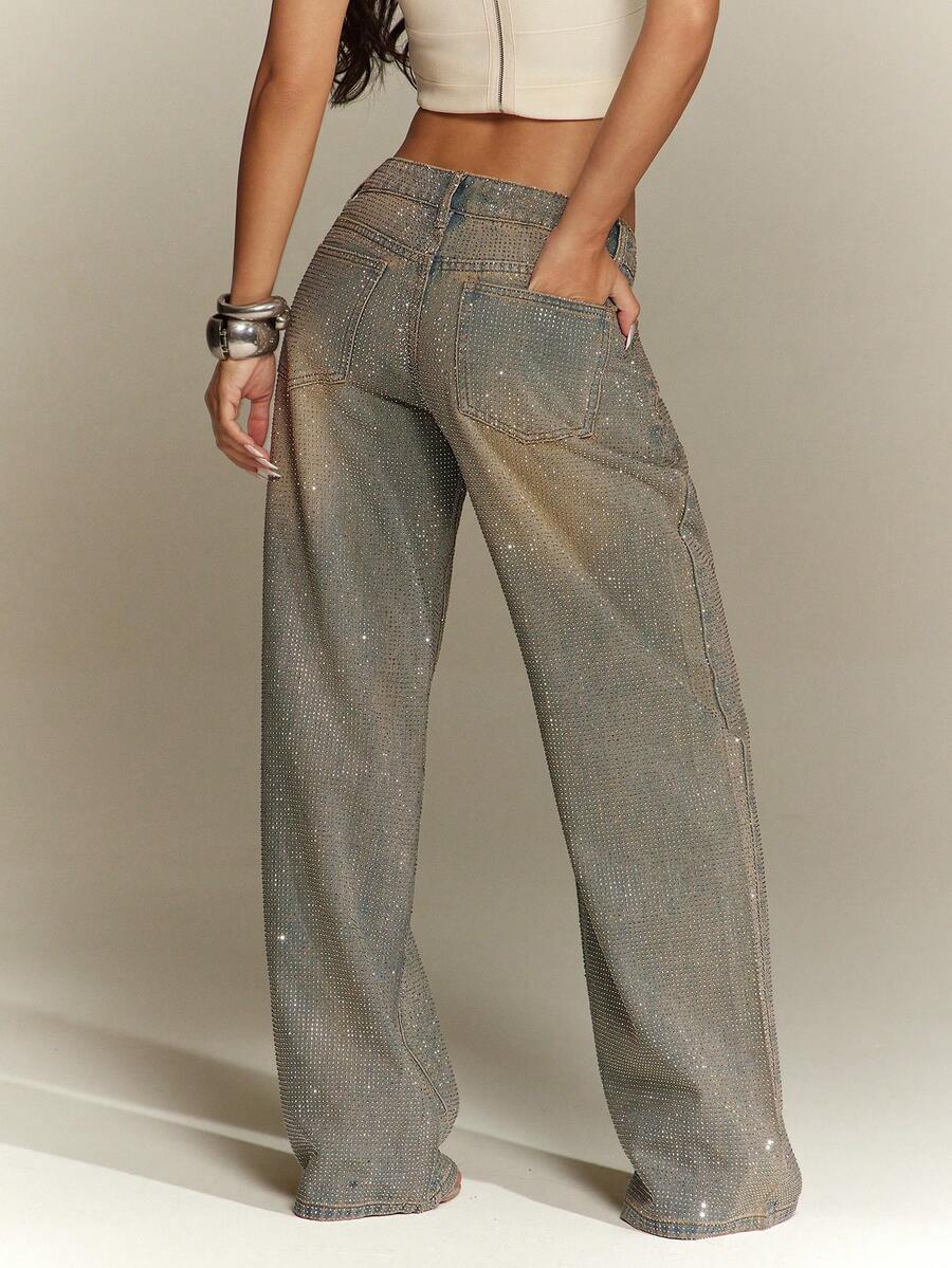 Rhinestone Washed Low-Rise Jeans - view 4