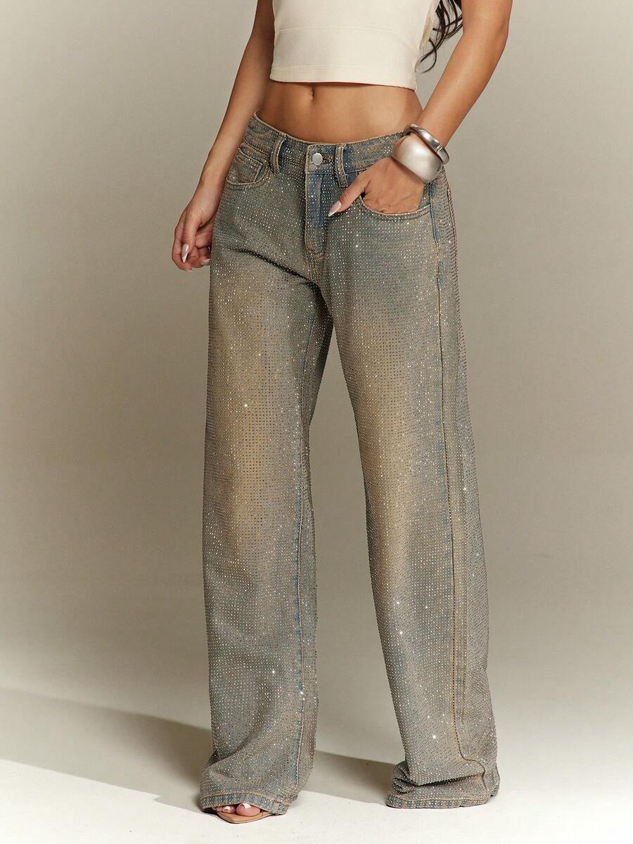 Rhinestone Washed Low-Rise Jeans - view 6