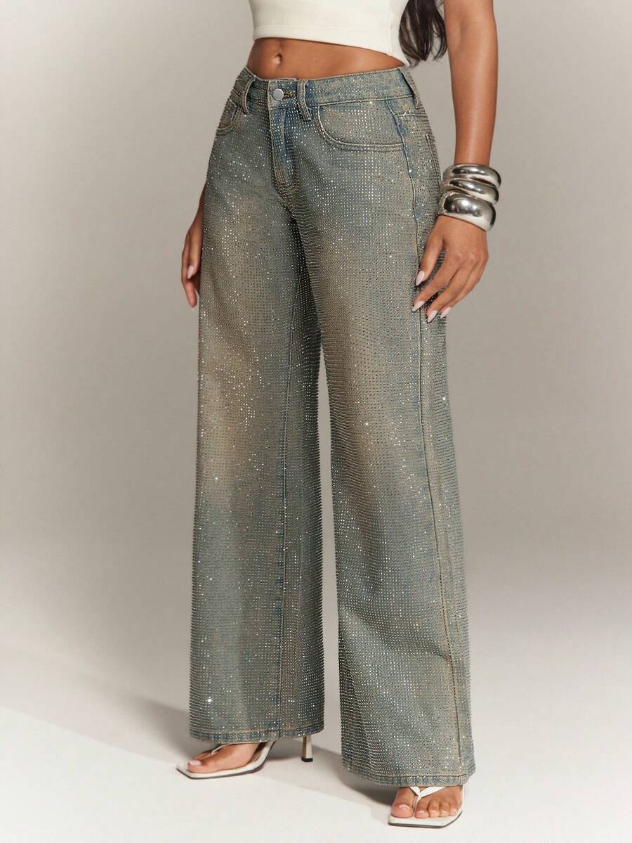 Rhinestone Washed Low-Rise Jeans - view 9