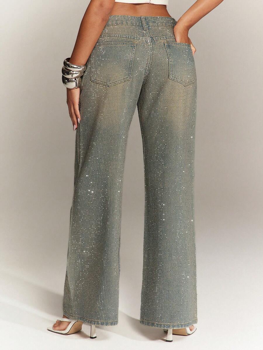 Rhinestone Washed Low-Rise Jeans - view 11