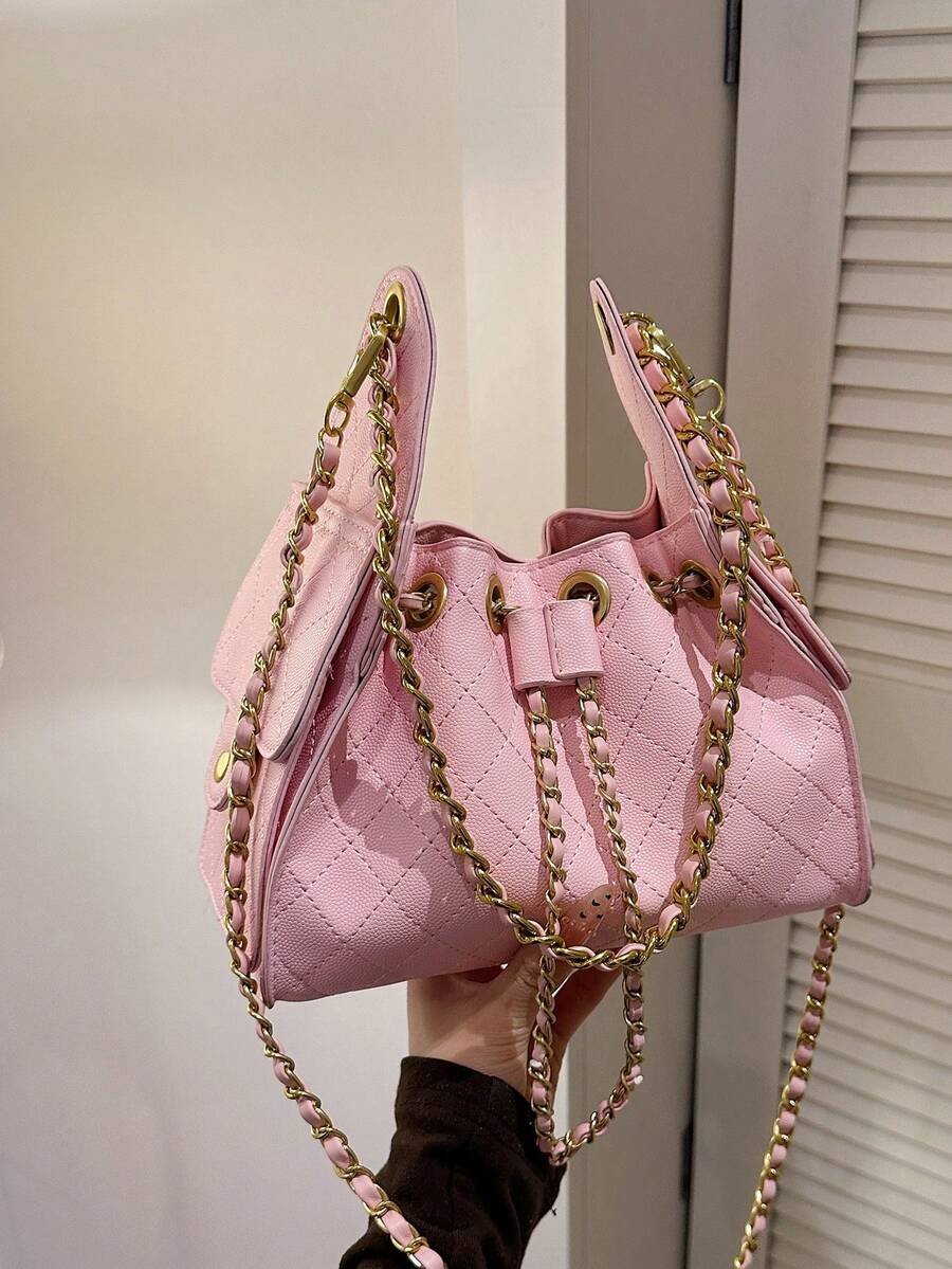 Rhombus Chain Woven Square Bag in pink - front view