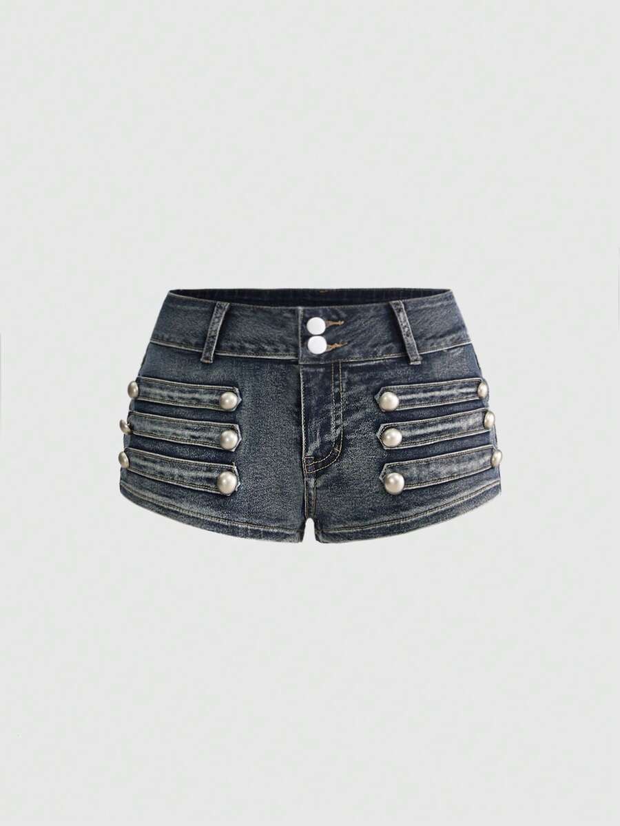 Rider Button Ultra-Low Denim Shorts - view 1