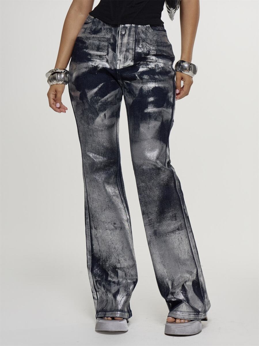 Silver-Foil Low-Rise Flare Jeans back view