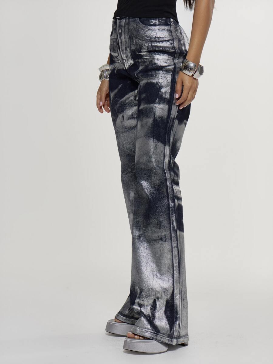 Silver-Foil Low-Rise Flare Jeans side view