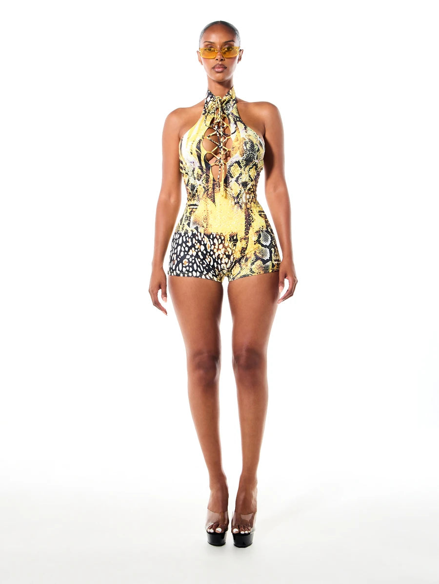Snake-Print Lace-Up Halter Romper — Multicolor — view 3