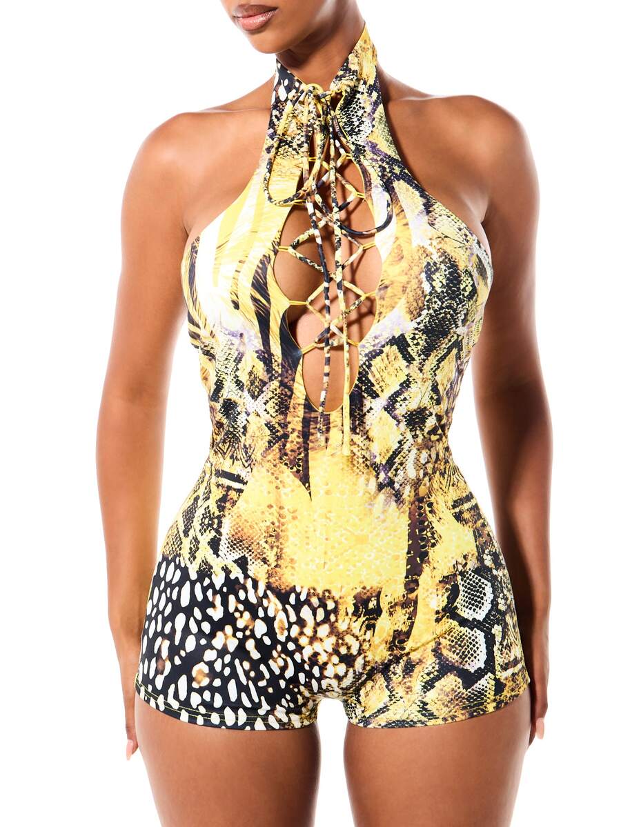 Snake-Print Lace-Up Halter Romper — Multicolor — view 4
