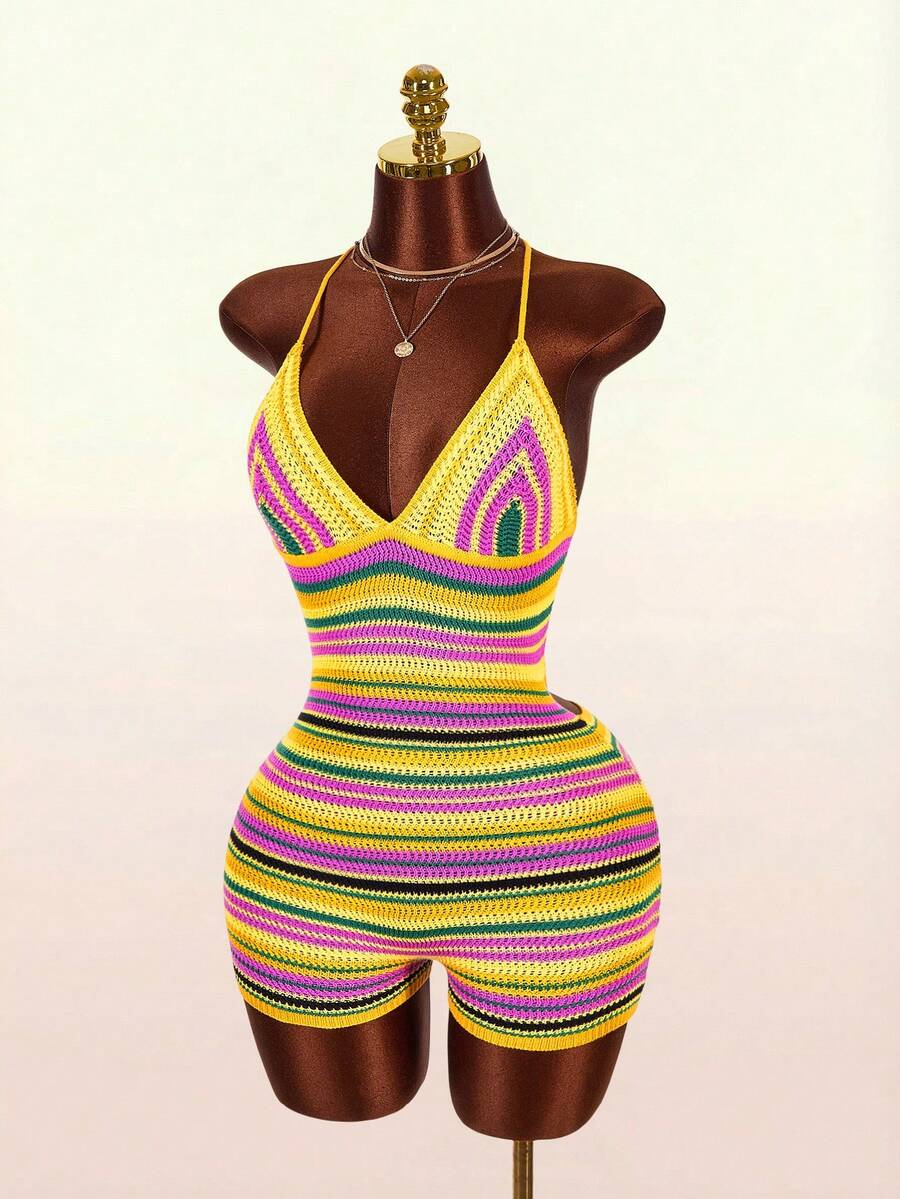 Stripe Siren Halter Knit Jumpsuit — SHEIN view 1