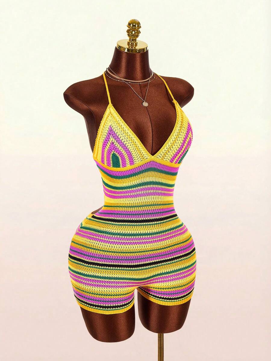 Stripe Siren Halter Knit Jumpsuit — SHEIN view 5