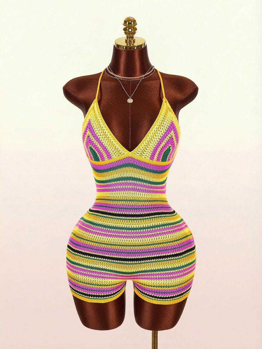 Stripe Siren Halter Knit Jumpsuit — SHEIN view 8