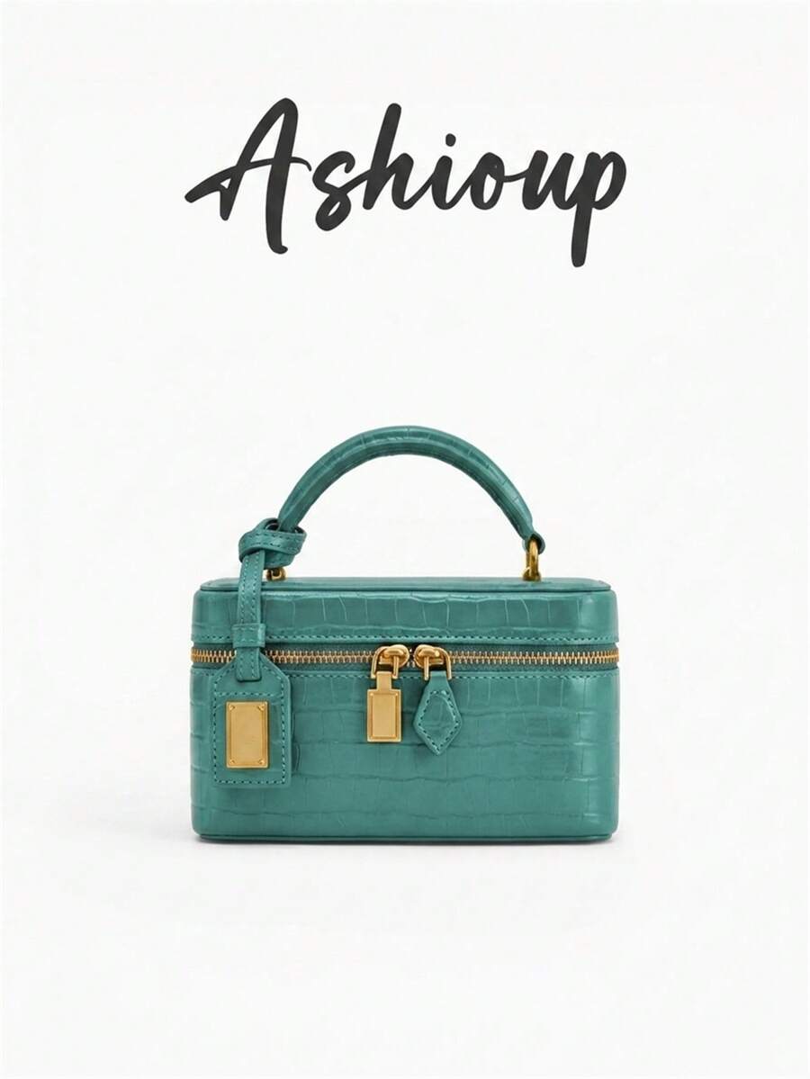 Turquoise Croc-Embossed Box Bag front view