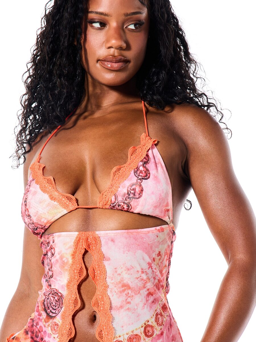 Vintage-Print Lace-Trim Halter Crop Top — Multicolor — view 3